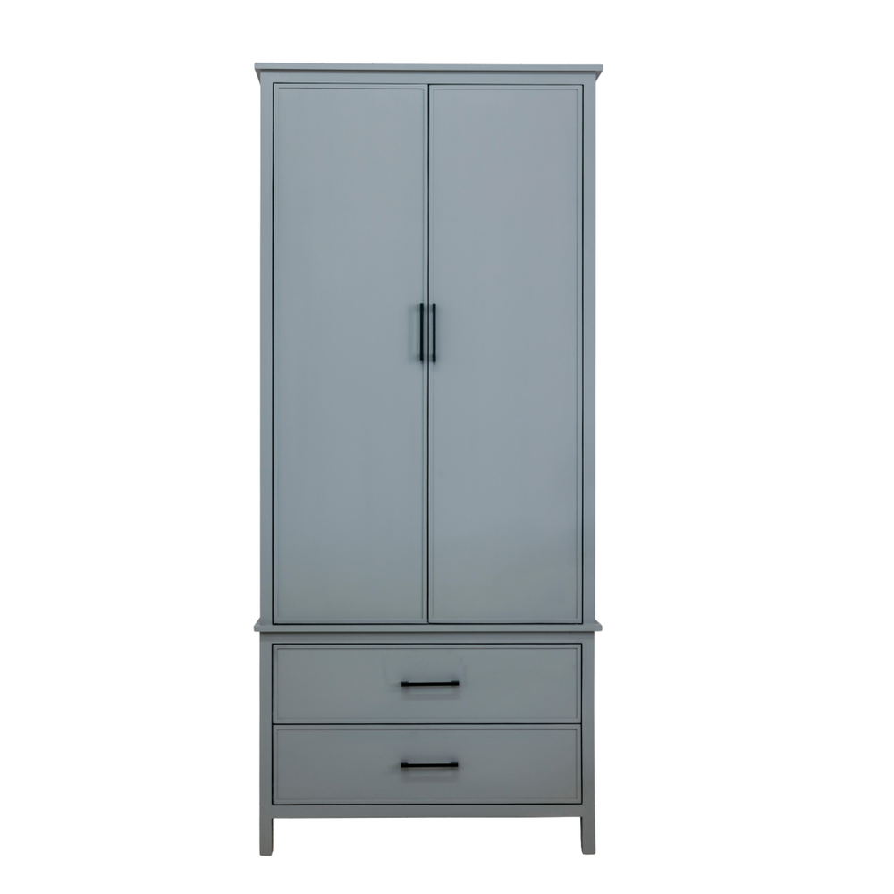 Gray wardrobe with two doors and two drawers on a white background