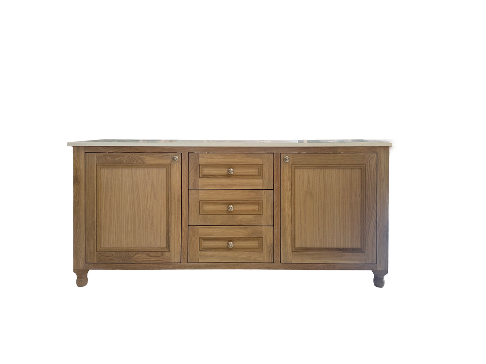 Wooden vanity with multiple drawers and doors on a white background