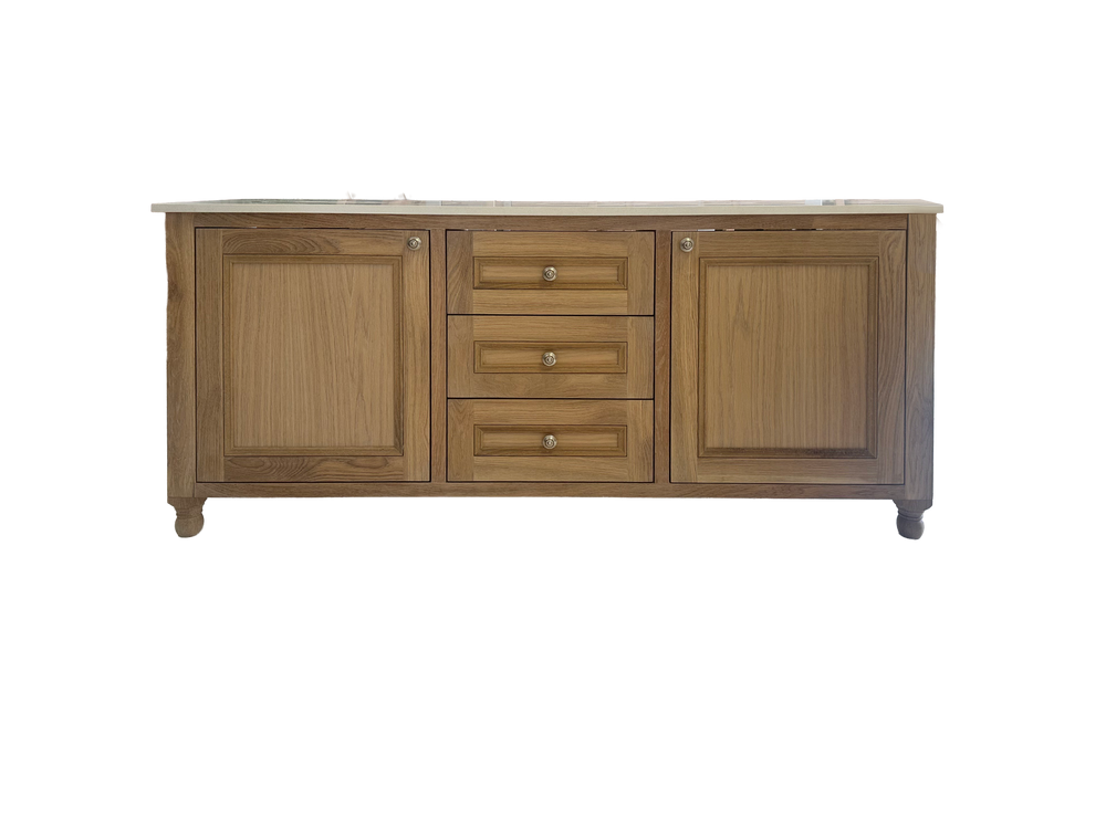 Wooden cabinet with two doors and three drawers on a white background