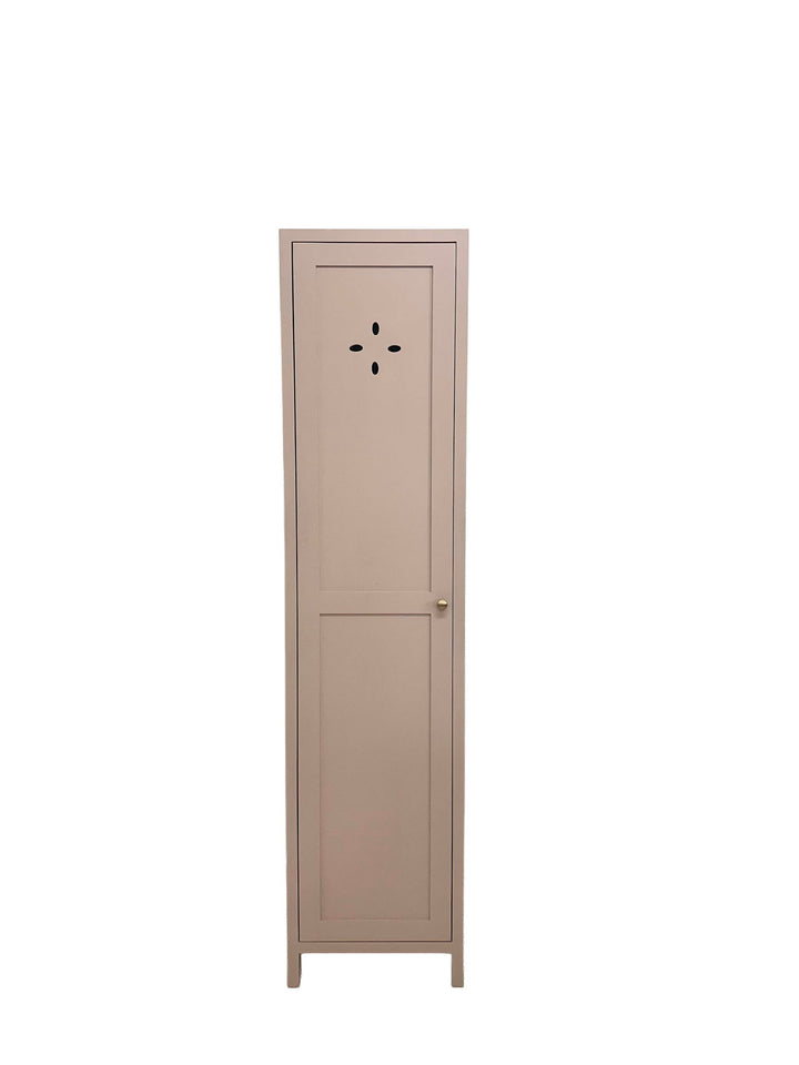 Tall narrow cabinet with a decorative door on a white background