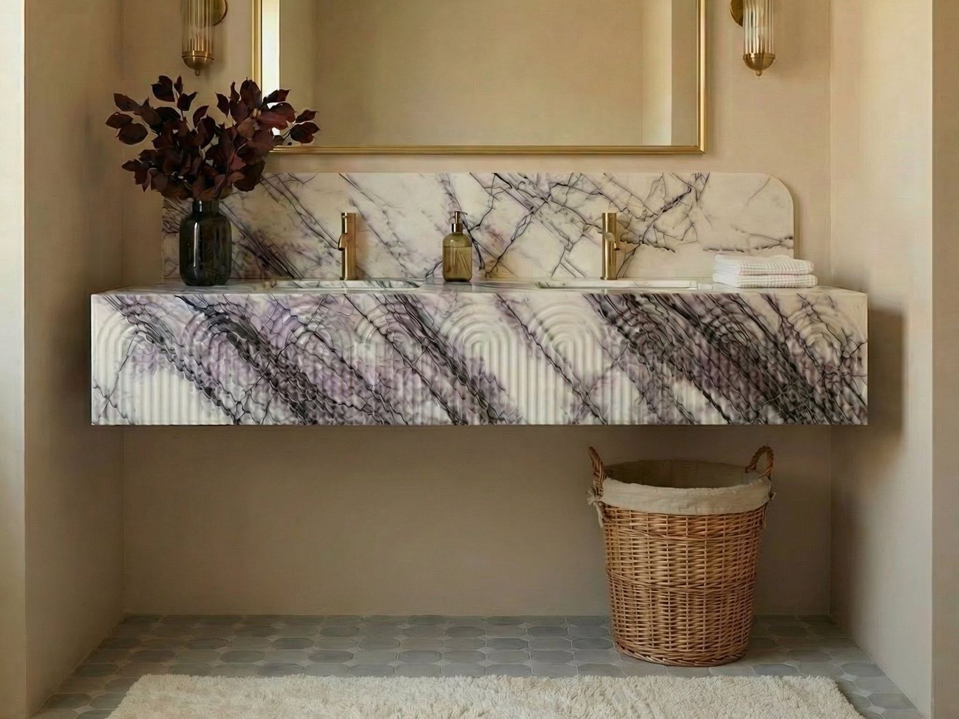 A floating double vanity in veined marble with brass taps